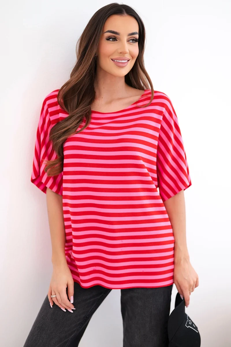 Bluzka damska bawełniana w paski z krótkim rękawem czerwona