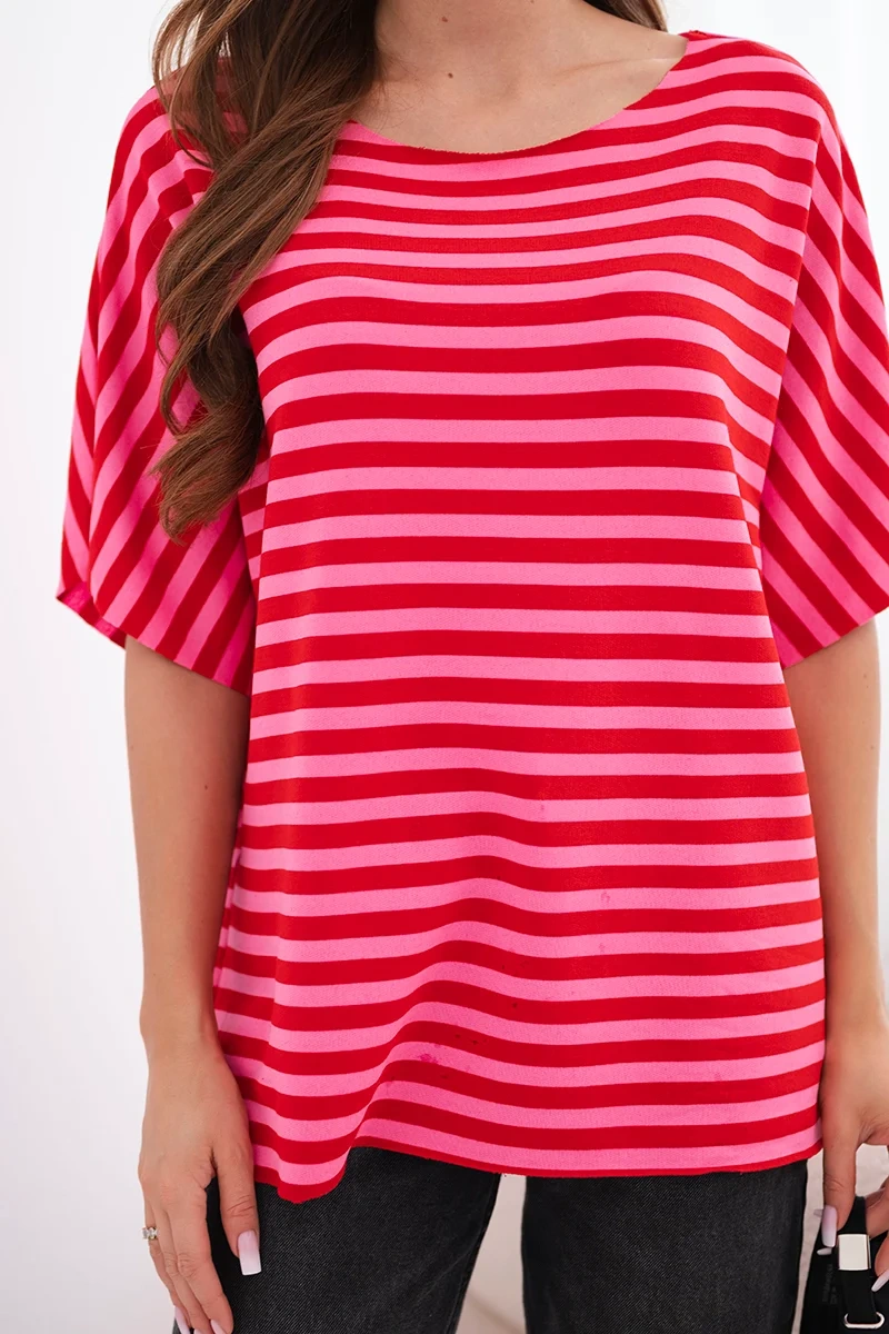 Bluzka damska bawełniana w paski z krótkim rękawem czerwona - obrazek 4
