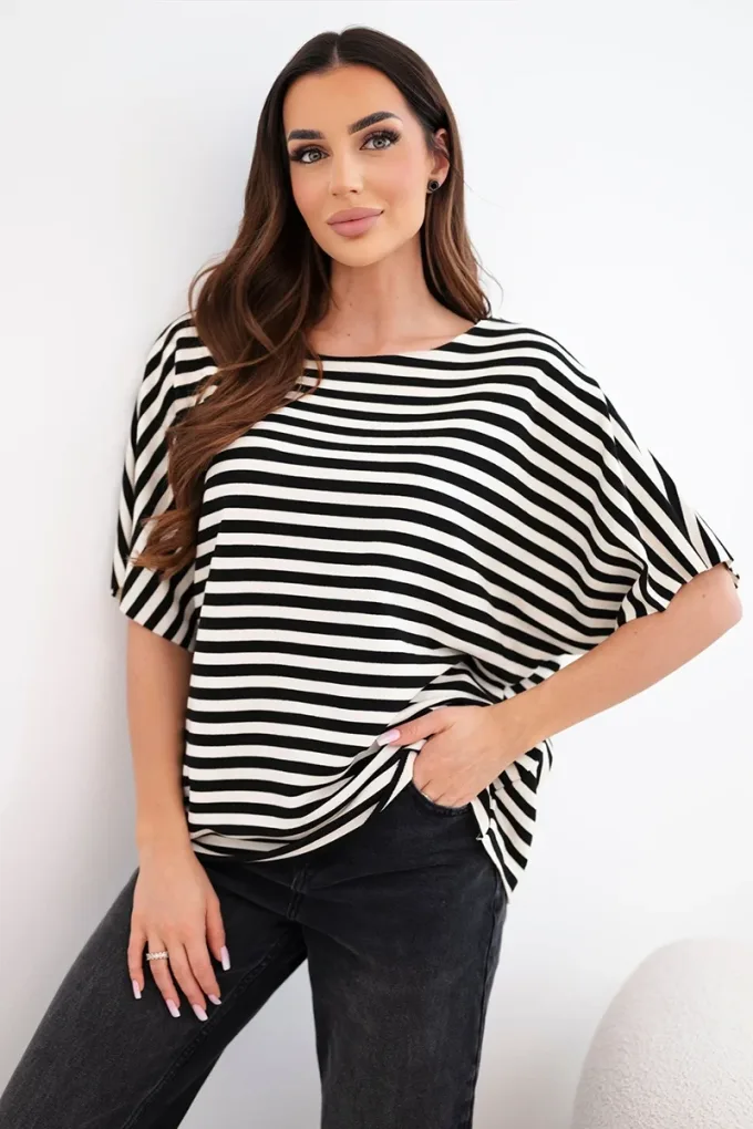 Bluzka damska bawełniana w paski z krótkim rękawem granatowa