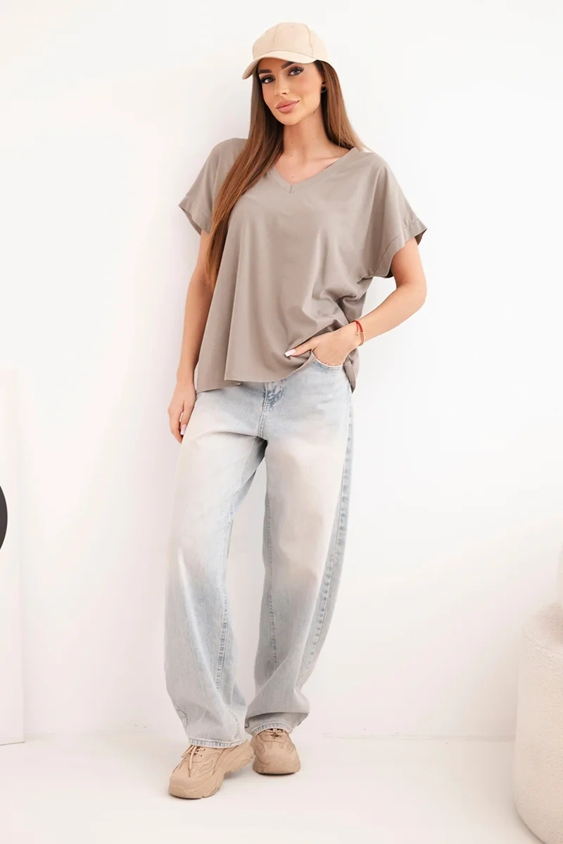 Bluzka damska bawełniana z dekoltem V i krótkim rękawem fango - obrazek 3