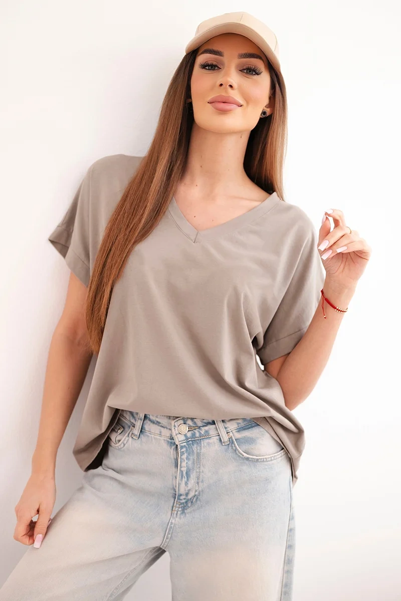 Bluzka damska bawełniana z dekoltem V i krótkim rękawem fango - obrazek 2