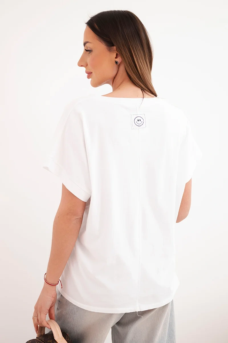 Bluzka damska bawełniana z dekoltem V i krótkim rękawem biała - obrazek 4