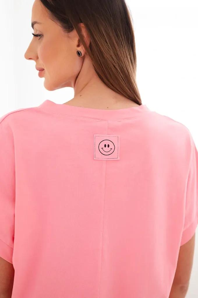 Bluzka damska bawełniana z dekoltem V i krótkim rękawem jasno różowa