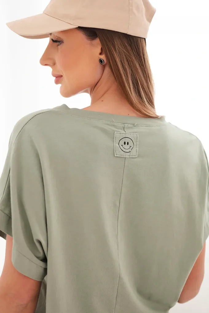Bluzka damska bawełniana z dekoltem V i krótkim rękawem khaki