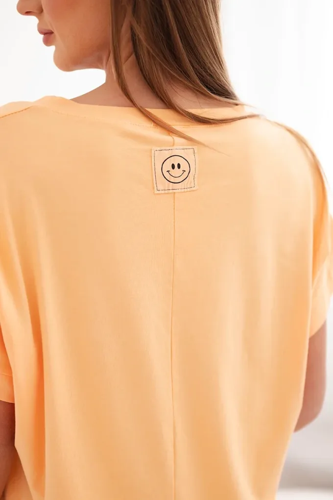 Bluzka damska bawełniana z dekoltem V i krótkim rękawem brzoskwiniowa