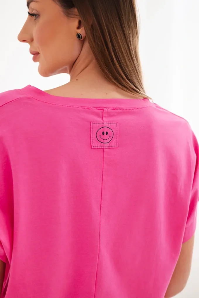 Bluzka damska bawełniana z dekoltem V i krótkim rękawem fuksja