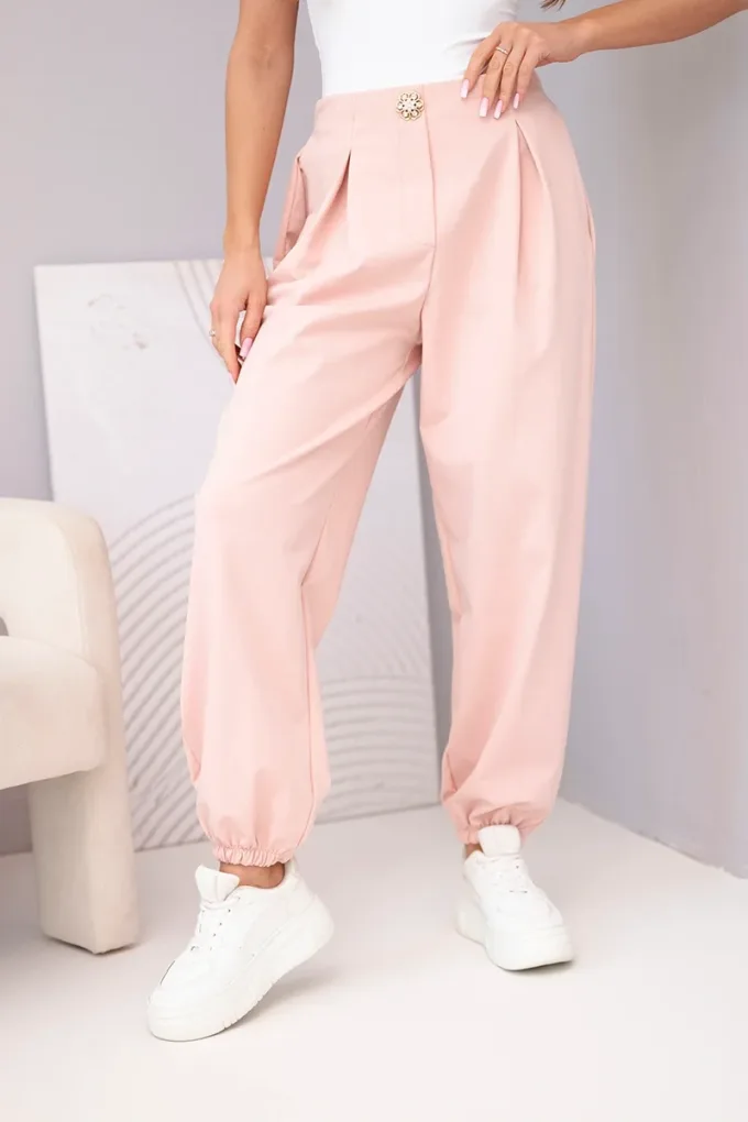 Spodnie damskie bawełniane z wysokim stanem i ozdobnym guzikiem ciemny pudrowy róż
