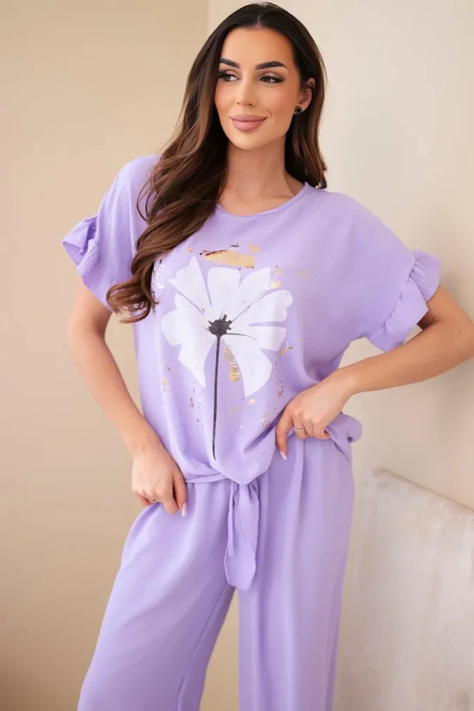 Komplet damski wiskozowy z bluzką z nadrukiem i spodniami jasny fioletowy