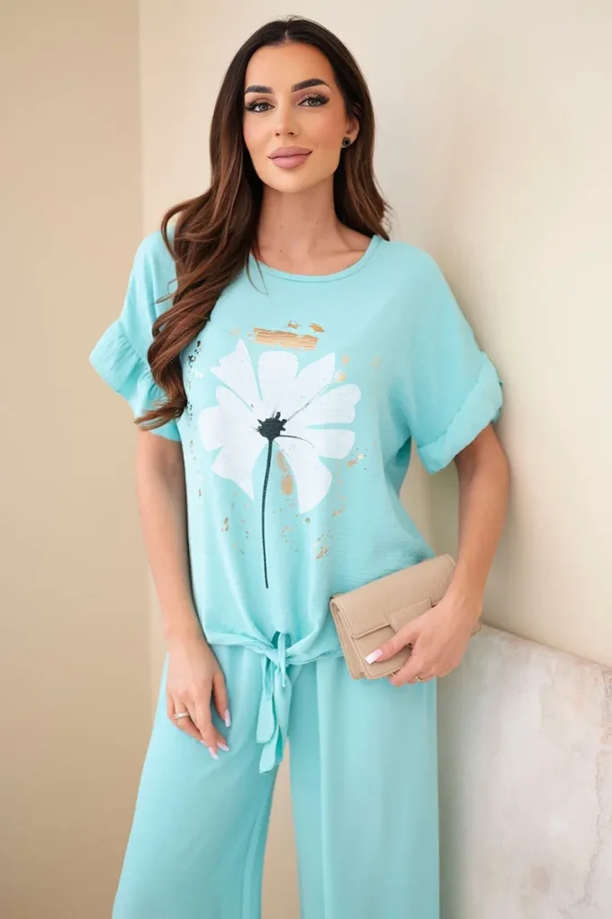 Komplet damski wiskozowy z bluzką z nadrukiem i spodniami miętowy