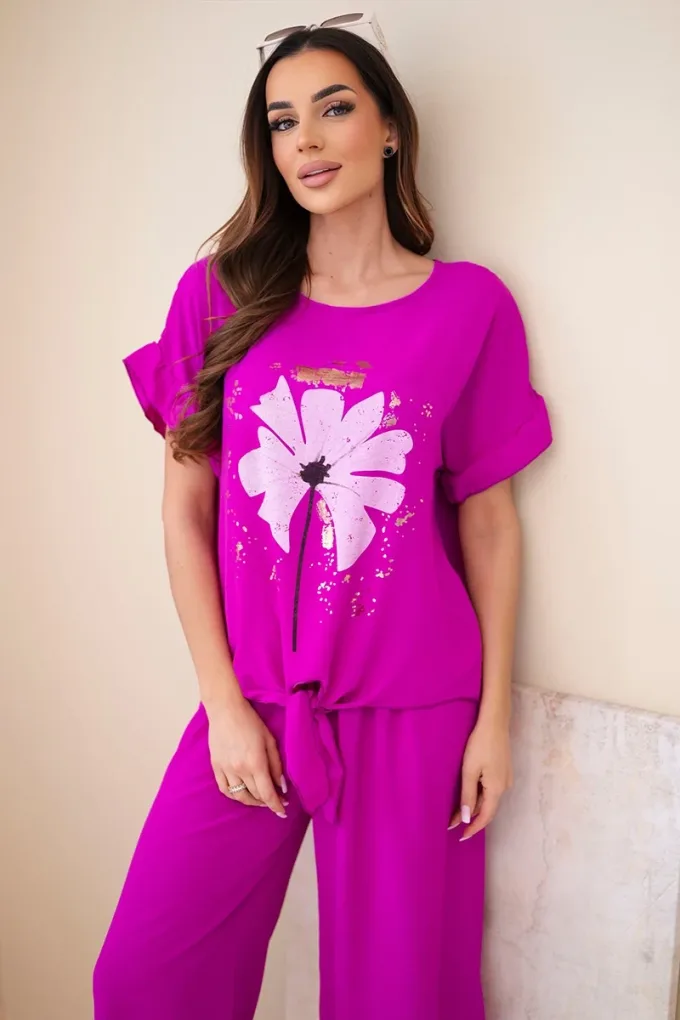 Komplet damski wiskozowy z bluzką z nadrukiem i spodniami ciemny fioletowy