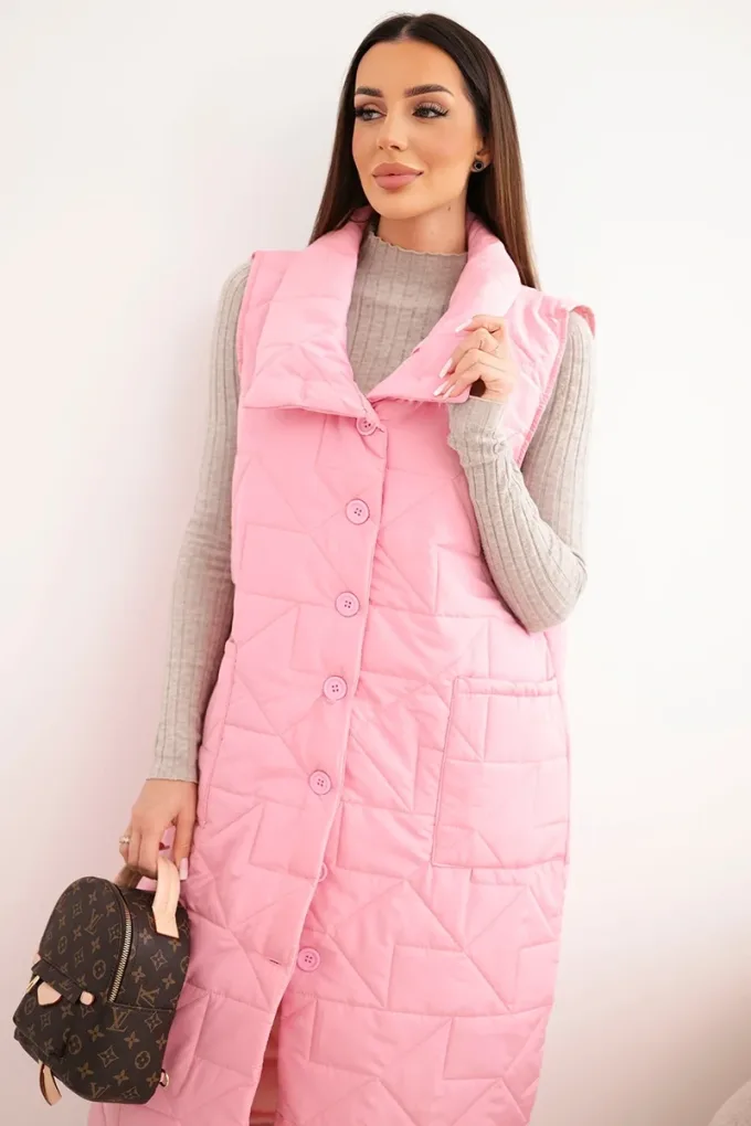 Kamizelka damska pikowana długa z kieszeniami i stójką jasno różowa