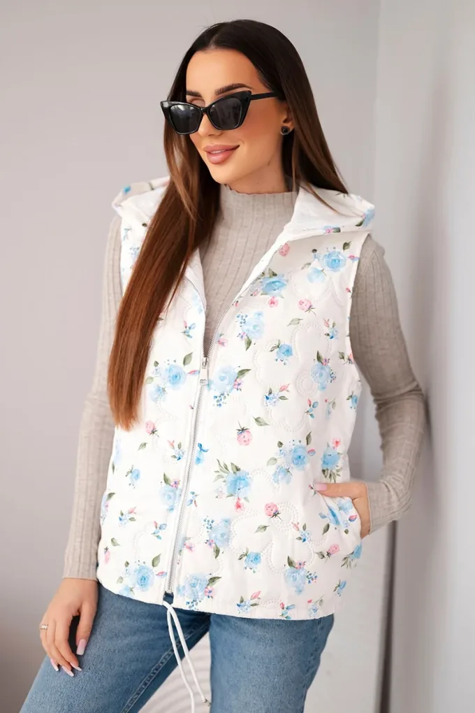 Kamizelka damska pikowana w kwiaty z kapturem niebieska