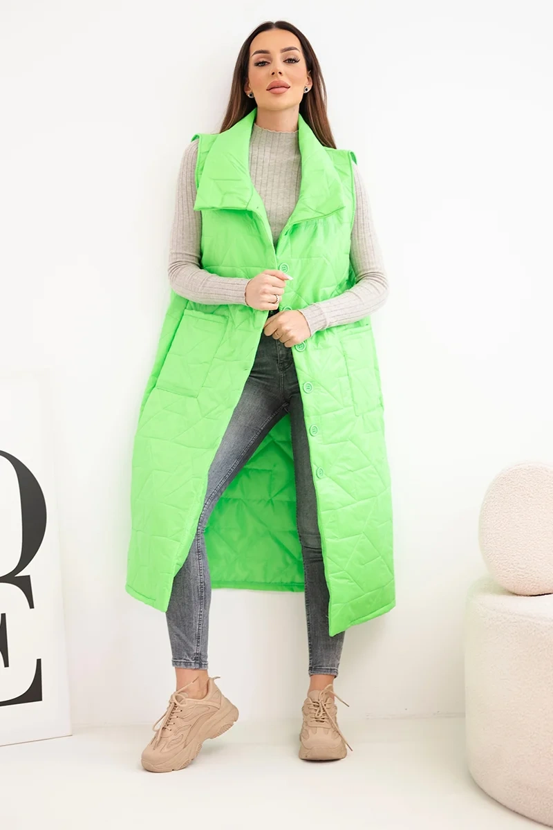 Kamizelka damska pikowana długa z kieszeniami i stójką zielony neon - obrazek 2