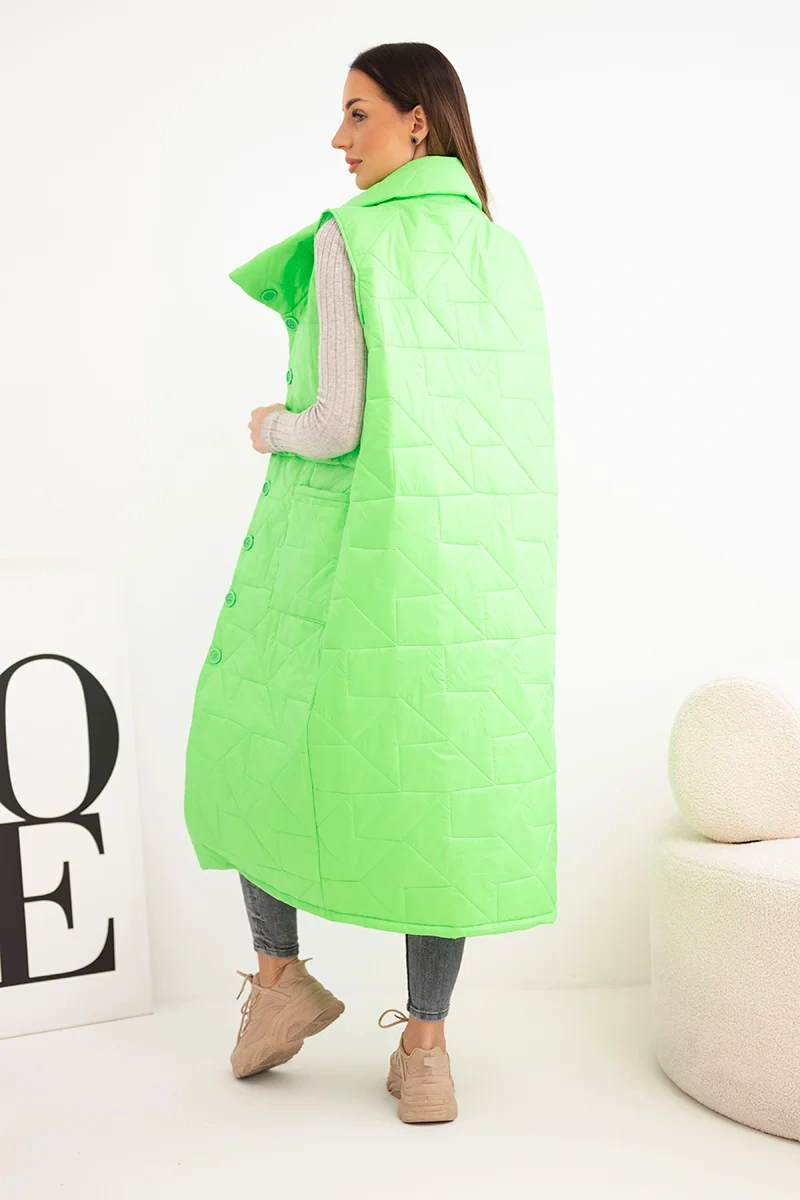 Kamizelka damska pikowana długa z kieszeniami i stójką zielony neon - obrazek 3