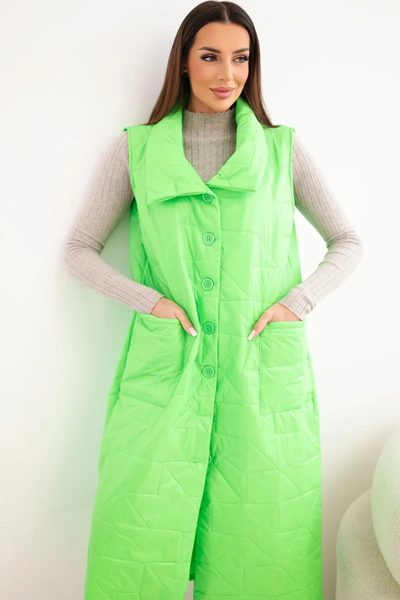 Kamizelka damska pikowana długa z kieszeniami i stójką zielony neon