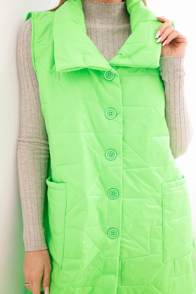 Kamizelka damska pikowana długa z kieszeniami i stójką zielony neon - obrazek 4
