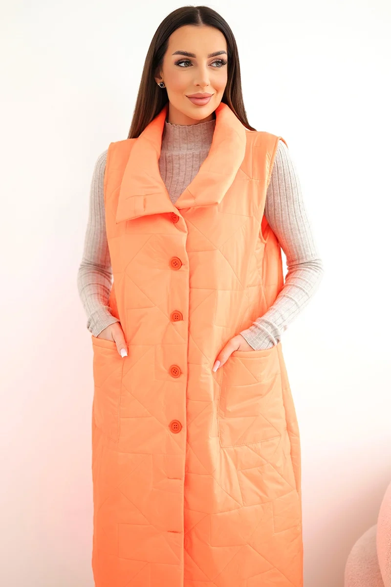 Kamizelka damska pikowana długa z kieszeniami i stójką pomarańczowy neon