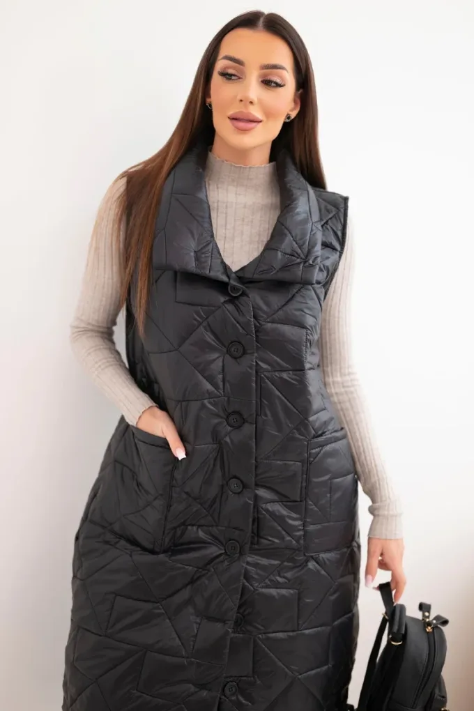 Kamizelka damska pikowana długa z kieszeniami i stójką czarna
