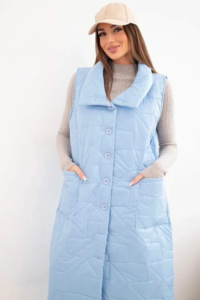 Kamizelka damska pikowana długa z kieszeniami i stójką niebieska