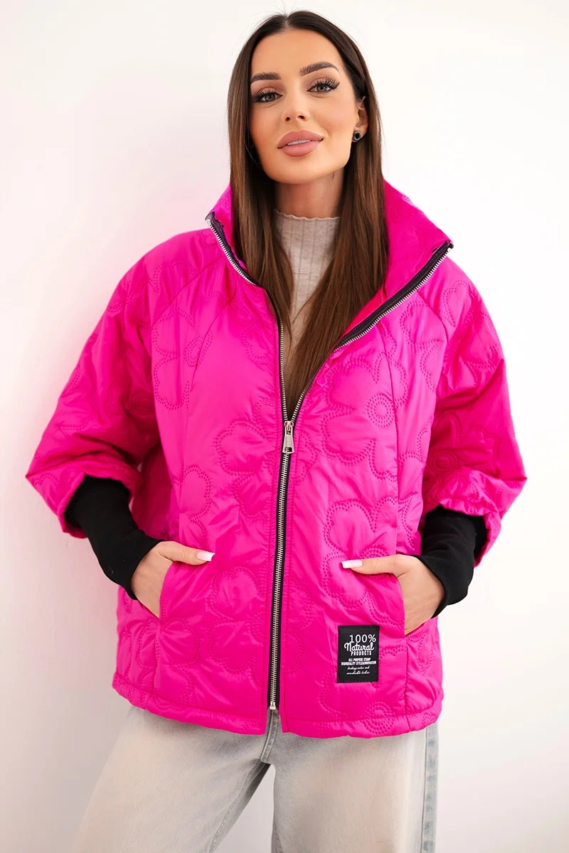 Kurtka damska wiosenna pikowana z ozdobnym tłoczeniem i zamkiem różowy neon