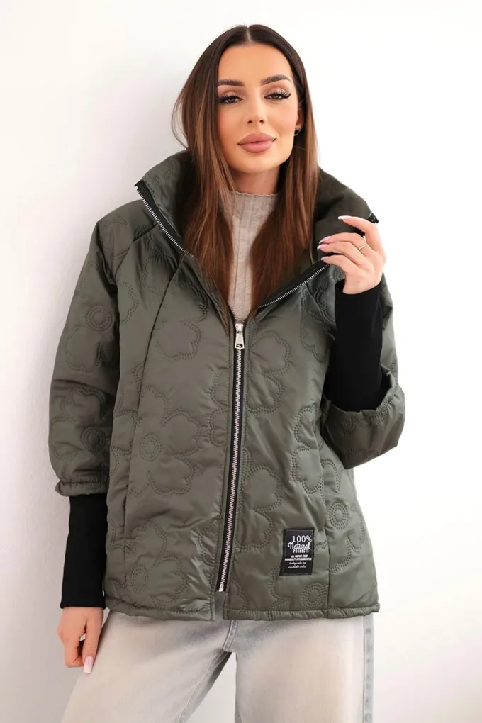 Kurtka damska wiosenna pikowana z ozdobnym tłoczeniem i zamkiem khaki