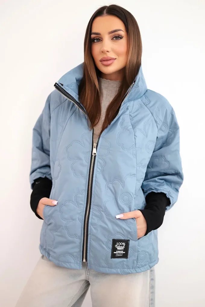 Kurtka damska wiosenna pikowana z ozdobnym tłoczeniem i zamkiem jeansowa