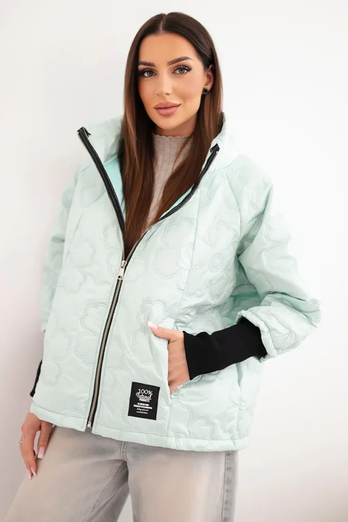 Kurtka damska wiosenna pikowana z ozdobnym tłoczeniem i zamkiem miętowa