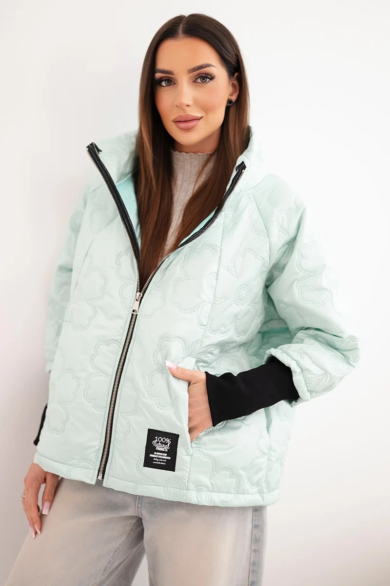 Kurtka damska wiosenna pikowana z ozdobnym tłoczeniem i zamkiem miętowa