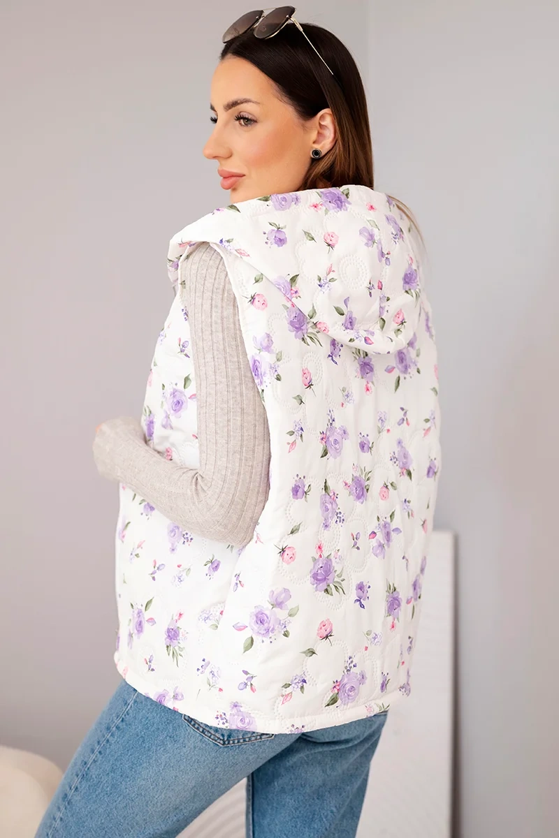 Kamizelka damska pikowana w kwiaty z kapturem fioletowa - obrazek 4