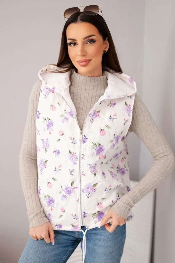 Kamizelka damska pikowana w kwiaty z kapturem fioletowa