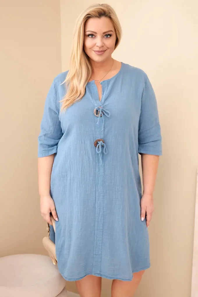 Sukienka damska bawełniana Plus Size z wiązaniem przy dekolcie jeansowa