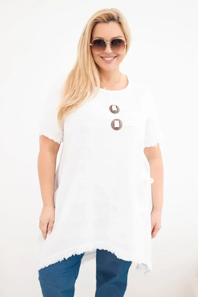 Sukienka damska bawełniana Plus Size z dłuższym tyłem i kieszenią biała