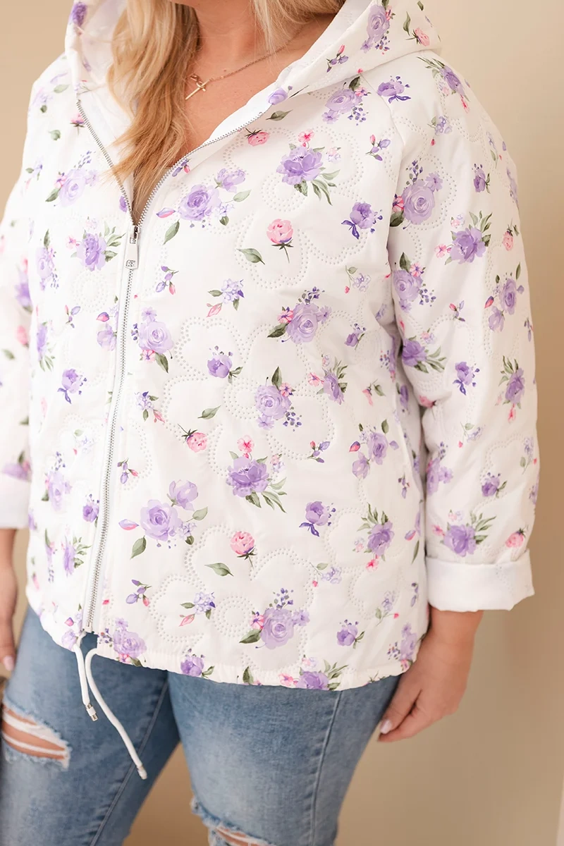 Kurtka damska wiosenna Plus Size w drobnym wzorem w kwiaty fioletowa - obrazek 3