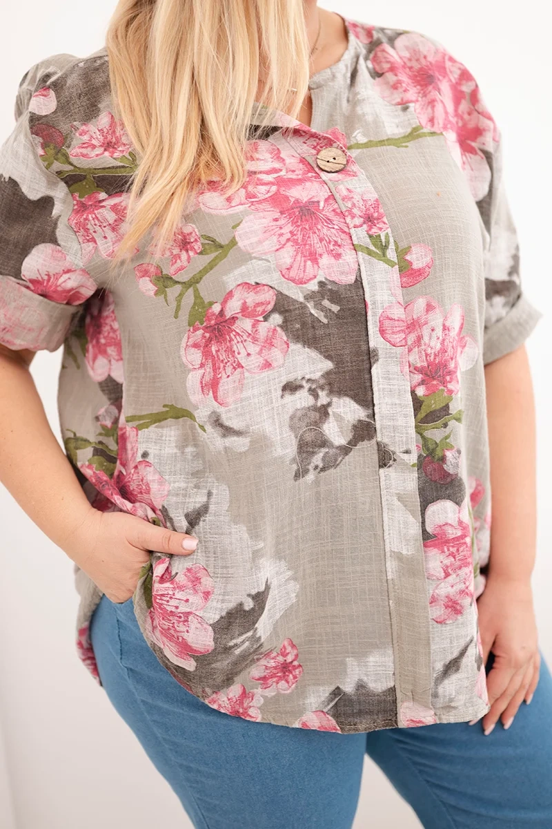 Bluzka damska bawełniana Plus Size z dekoltem V w kwiatowy wzór fango - obrazek 4