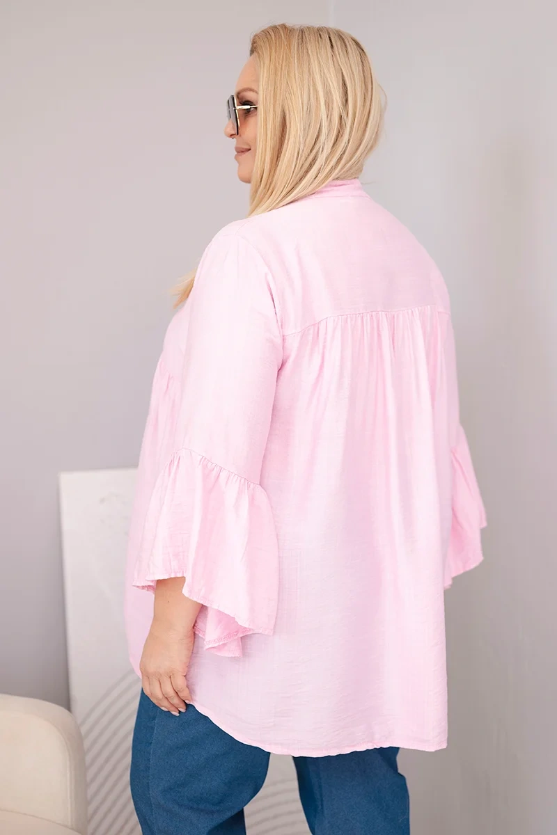 Bluzka damska wiskozowa Plus Size z falbaniastym rękawem i dekoltem V cukierkowy róż - obrazek 3