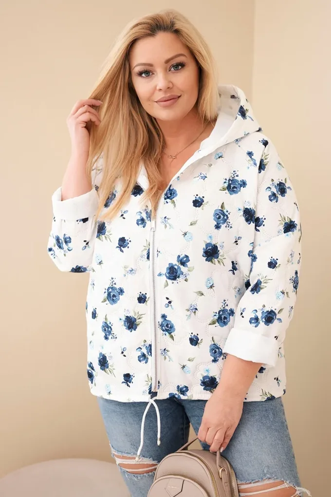 Kurtka damska wiosenna Plus Size w drobnym wzorem w kwiaty granatowa