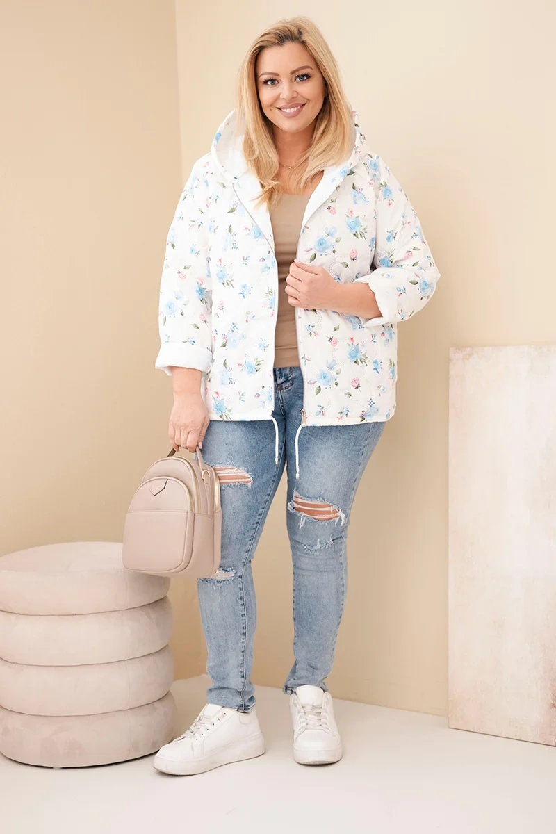 Kurtka damska wiosenna Plus Size w drobnym wzorem w kwiaty niebieska - obrazek 2