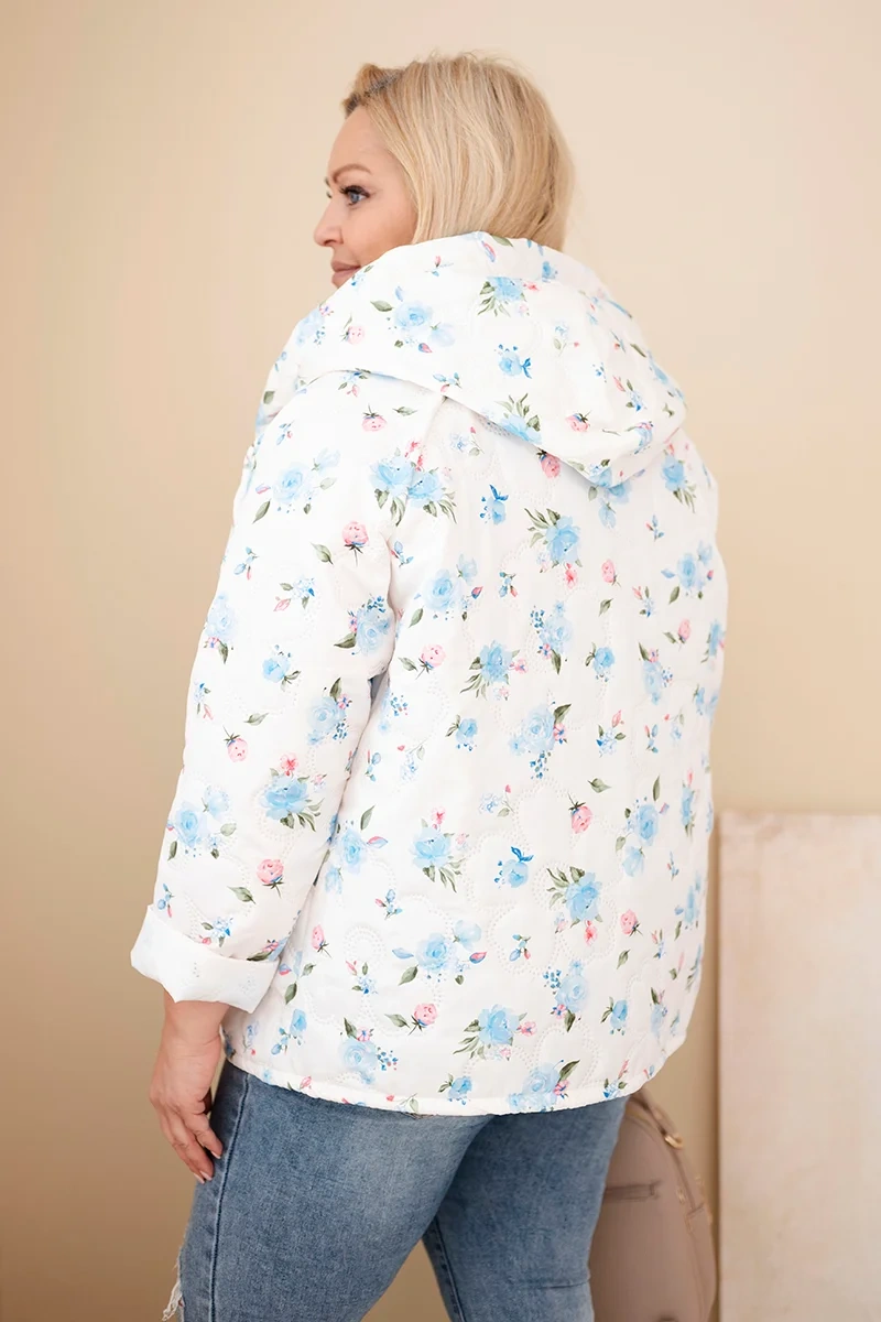Kurtka damska wiosenna Plus Size w drobnym wzorem w kwiaty niebieska - obrazek 3