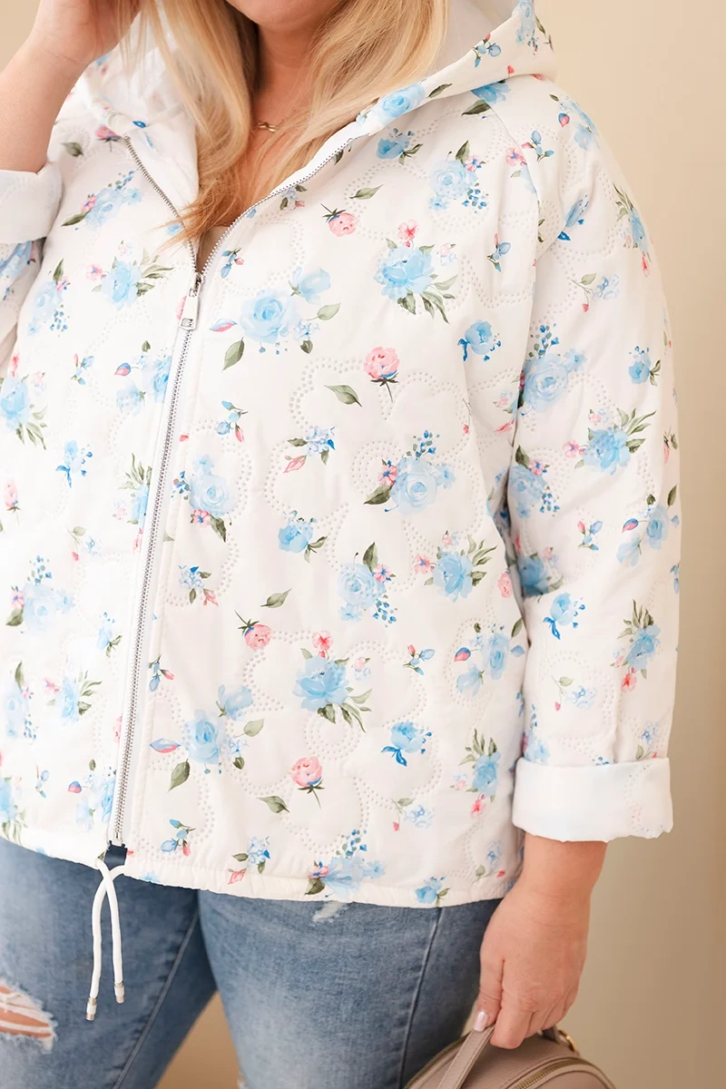 Kurtka damska wiosenna Plus Size w drobnym wzorem w kwiaty niebieska - obrazek 4