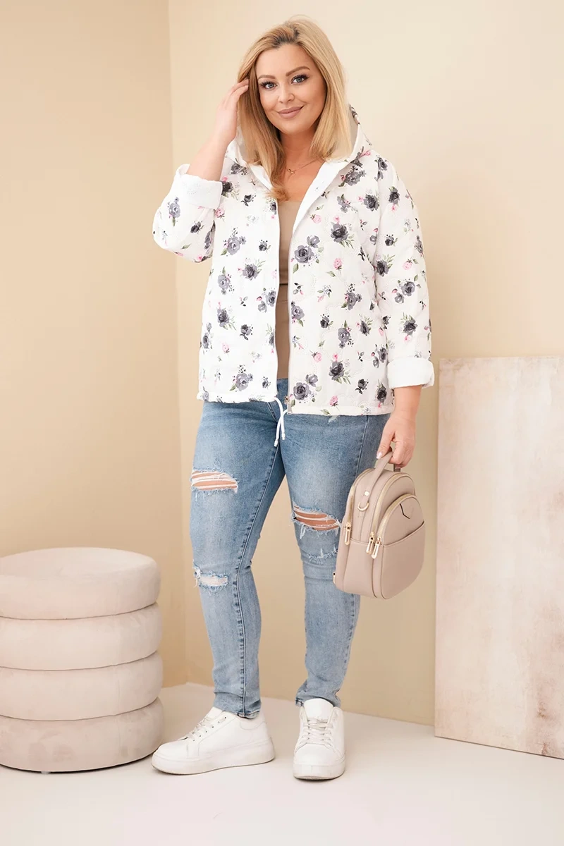 Kurtka damska wiosenna Plus Size w drobnym wzorem w kwiaty grafitowa - obrazek 2