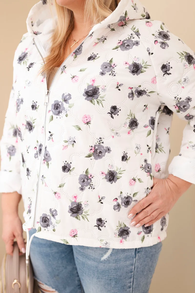 Kurtka damska wiosenna Plus Size w drobnym wzorem w kwiaty grafitowa - obrazek 4