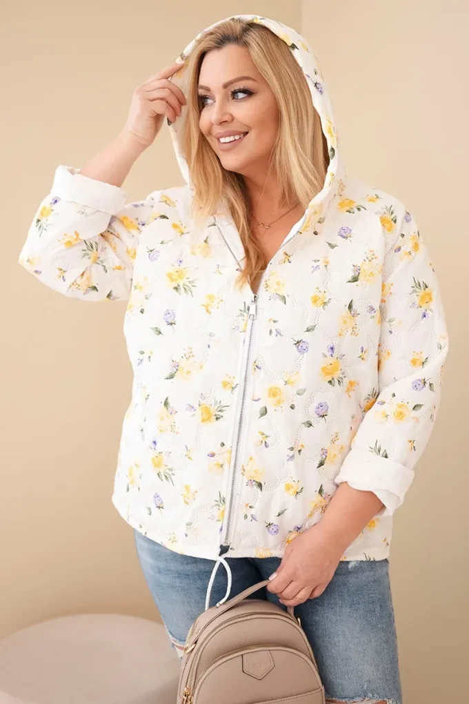 Kurtka damska wiosenna Plus Size w drobnym wzorem w kwiaty żółta