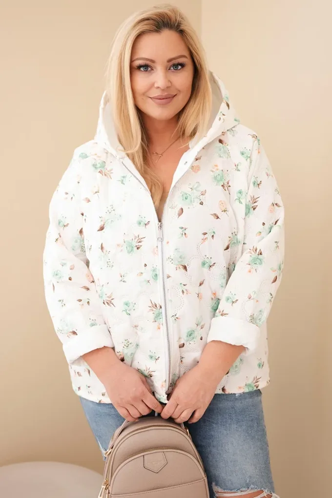 Kurtka damska wiosenna Plus Size w drobnym wzorem w kwiaty miętowa