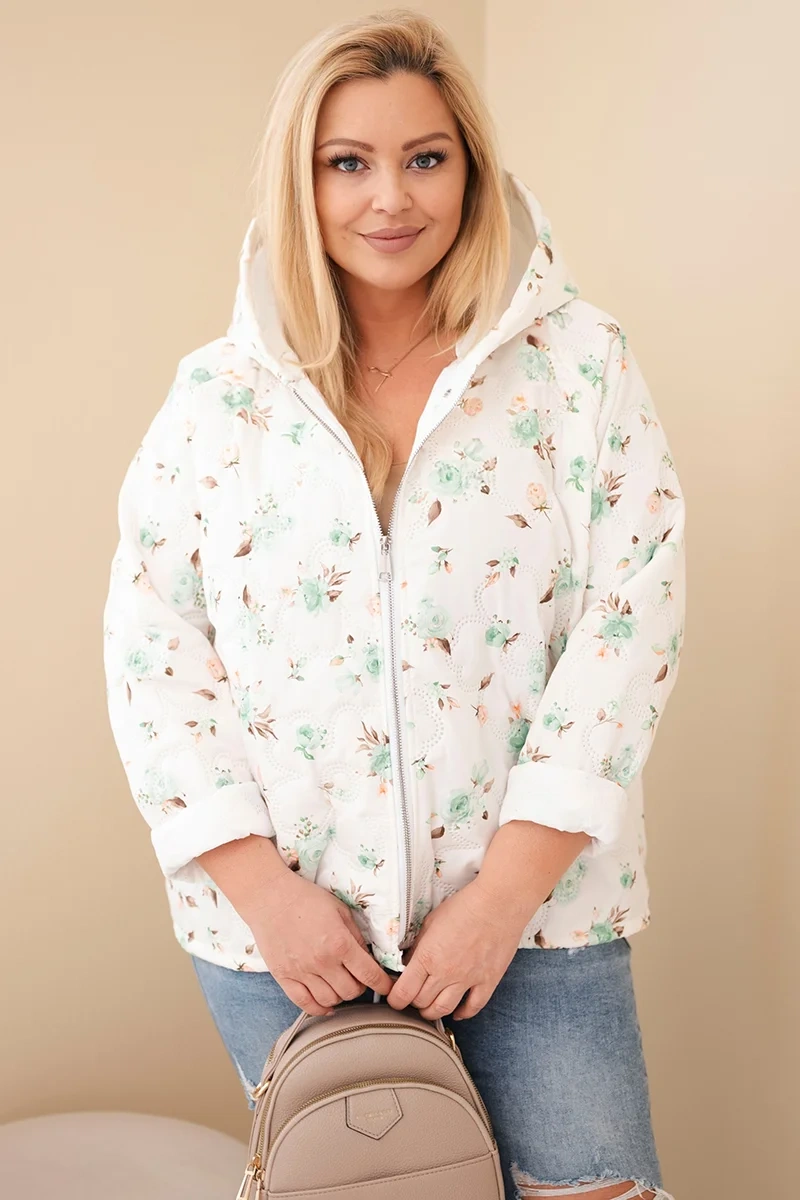 Kurtka damska wiosenna Plus Size w drobnym wzorem w kwiaty miętowa