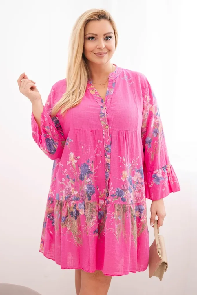 Sukienka damska bawełniana Plus Size z dekoltem V i guzikami kwiatowy wzór fuksja