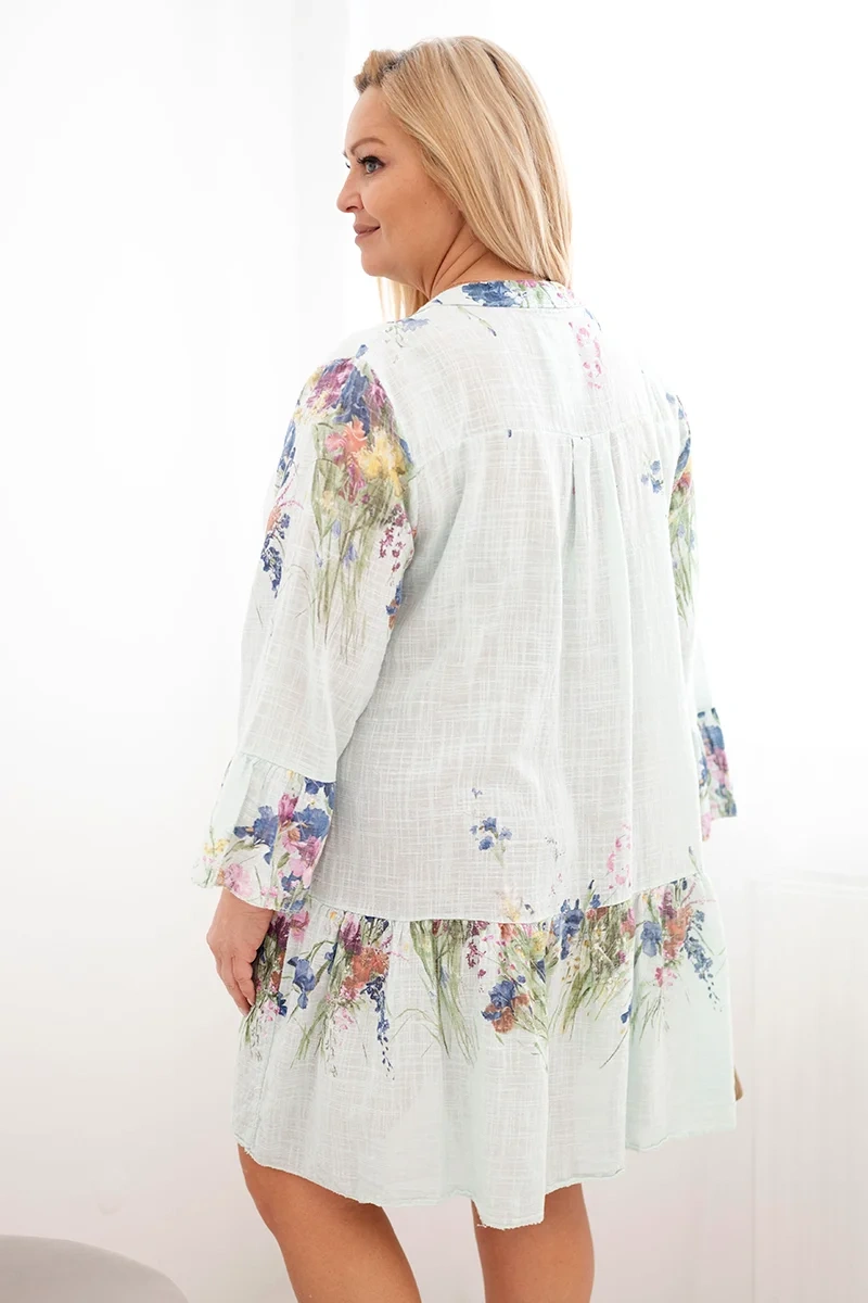 Sukienka damska bawełniana Plus Size z dekoltem V i guzikami kwiatowy wzór miętowa - obrazek 3