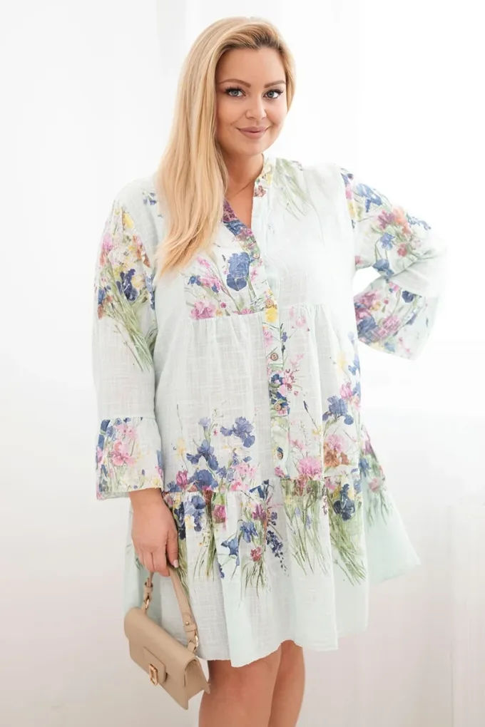 Sukienka damska bawełniana Plus Size z dekoltem V i guzikami kwiatowy wzór miętowa