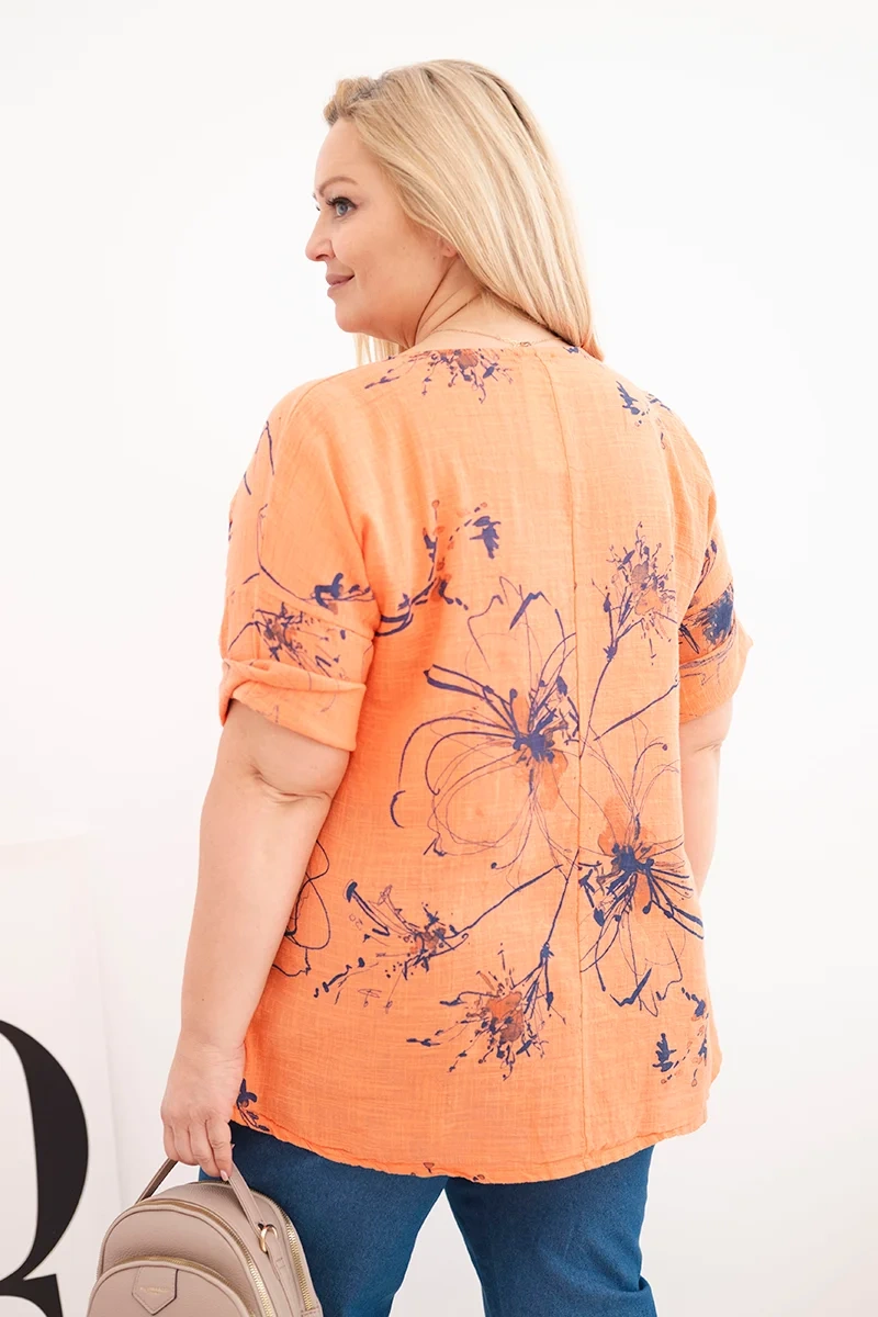 Bluzka damska bawełniana Plus Size z krótkim rękawem i kieszenią pomarańczowa - obrazek 3