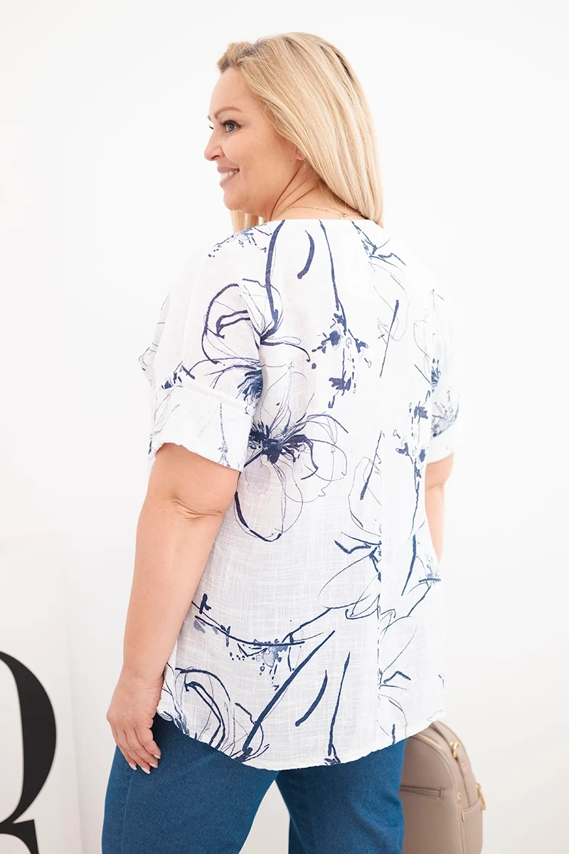 Bluzka damska bawełniana Plus Size z krótkim rękawem i kieszenią biała - obrazek 3