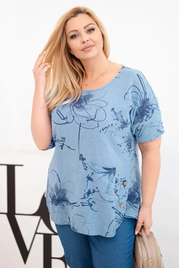 Bluzka damska bawełniana Plus Size z krótkim rękawem i kieszenią jeansowa